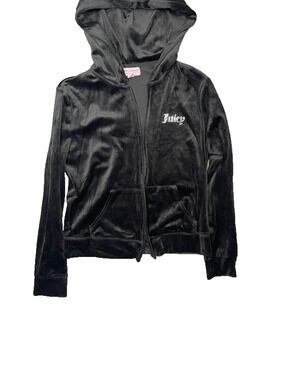 Juicy Couture Black Velour Zip Hoodie Y2K Bling Logo Jacket M Broken Zipper